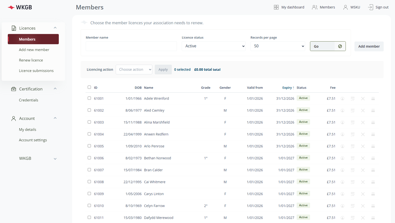 Example Members page showing Active, Renewal pending and Pending records, filters, selection boxes and row actions