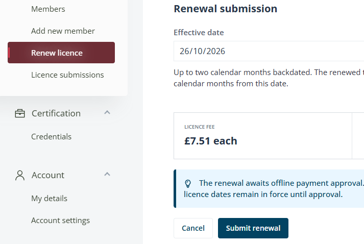 Example renewal confirmation showing the effective date, member, fee and total due before Submit renewal